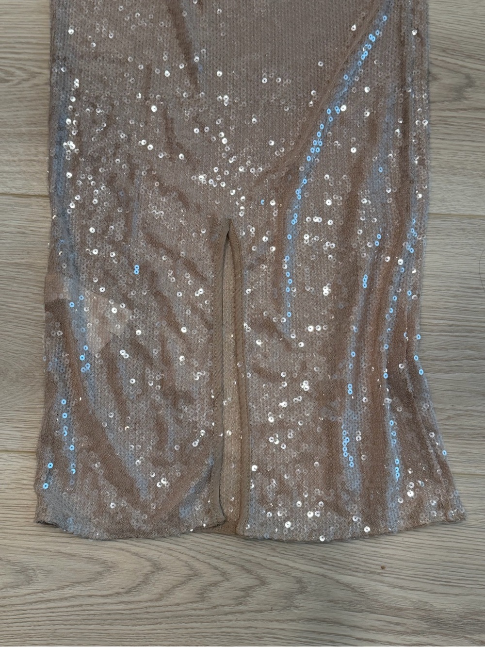 NWT PrettyLittleThing KHAKI SEQUIN SHEER BOAT NECK MAXI DRESS - Picture 5 of 7